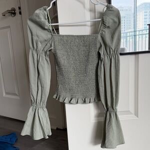 Sage Puff-Sleeve Smocked Blouse in Light Sage